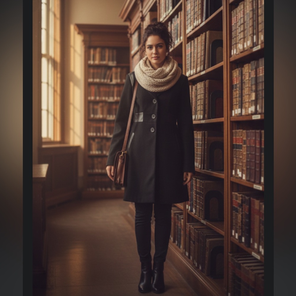 Lola Black Wool Blend Coat with Faux Leather Trim - Size M
Dark academy